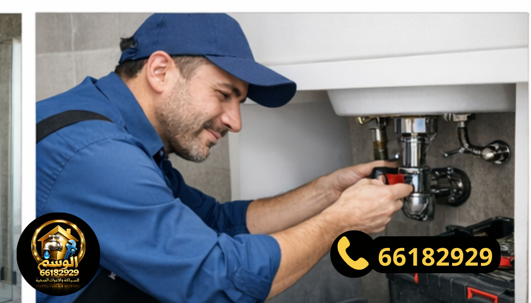 فني صحي جنوب عبدالله مبارك أثناء تركيب مغاسل وشورات