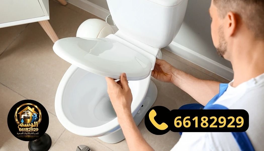 فني سباك يقوم بتركيب مرحاض في حمام حديث ضمن خدمة تركيب مرحاض في الكويت