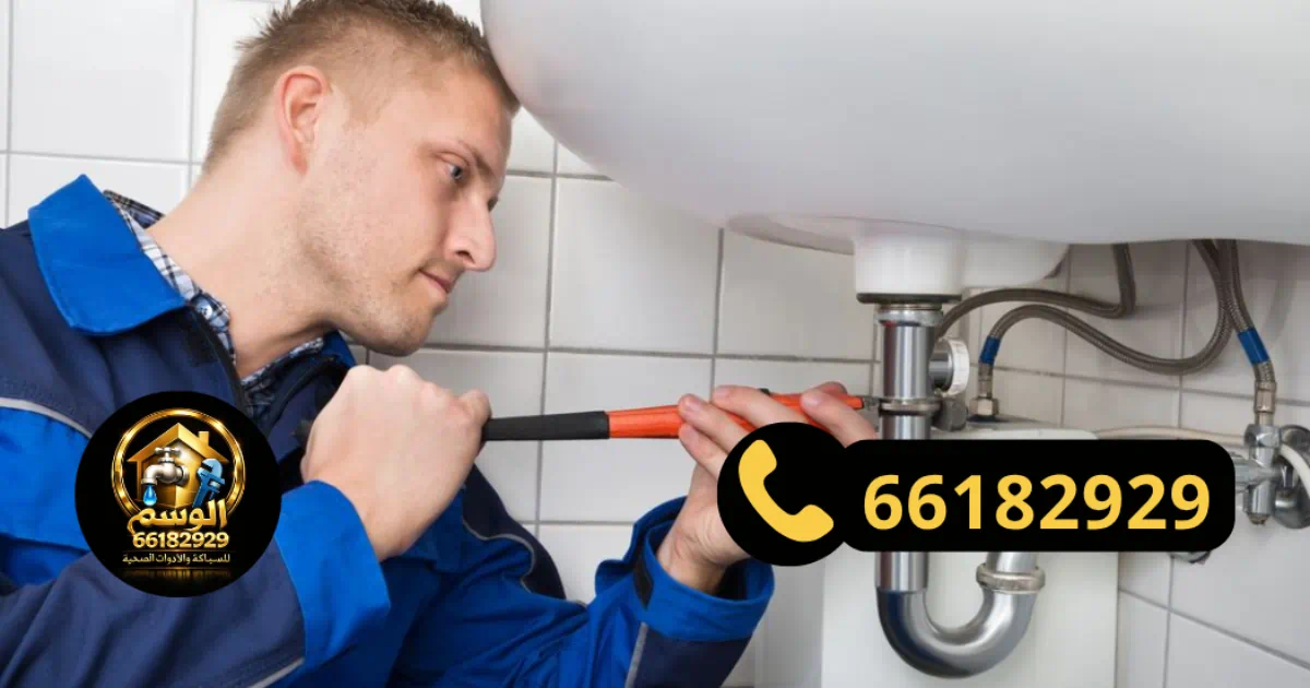 فني صحي جمعية جابر الاحمد يقوم بإصلاح وصلة سخان تالفة بدقة