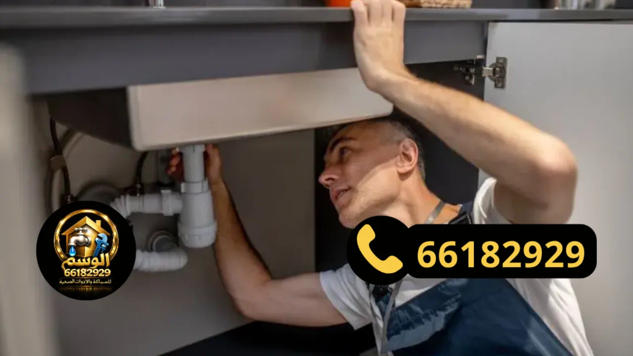 فني صحي يقوم بتسليك حوض المطبخ في جمعية سعد العبدالله باستخدام معدات متخصصة